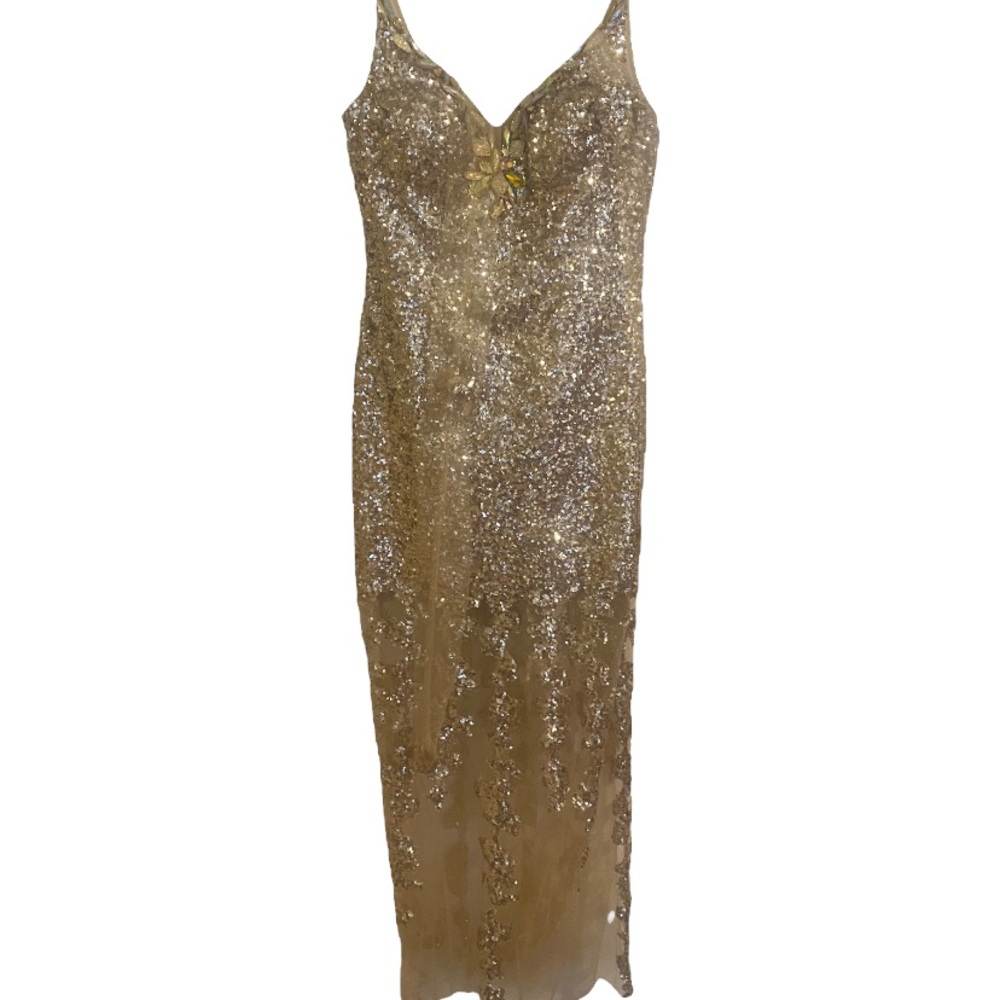 Tony Bowls gold sequenced sparkle cocktail dress.